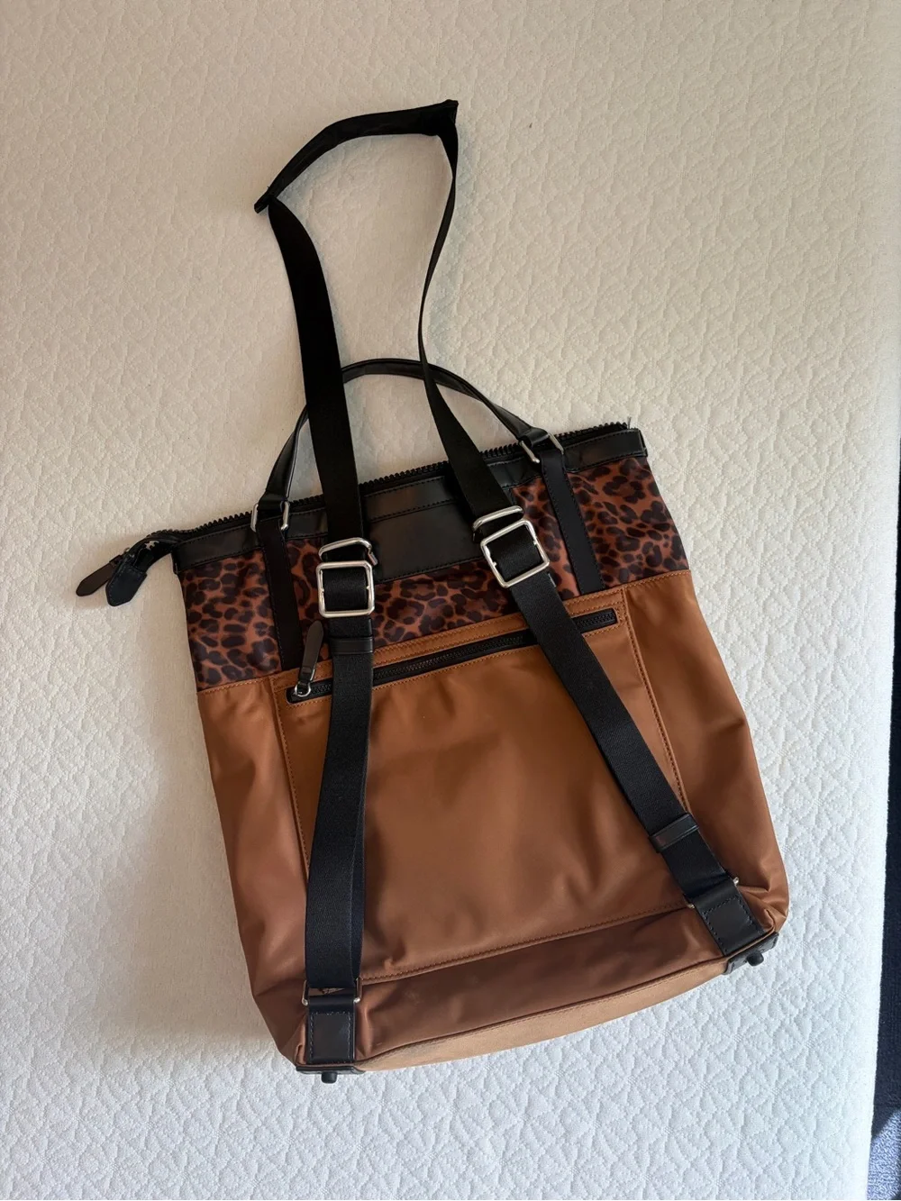 Cole Haan Brown Tote Backpack with Leopard Accent and Black Trim